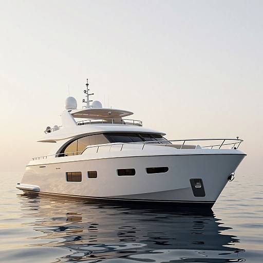 Photograph of a sleek white yacht with a modern design, anchored in calm waters at sunset, reflecting golden and blue hues.