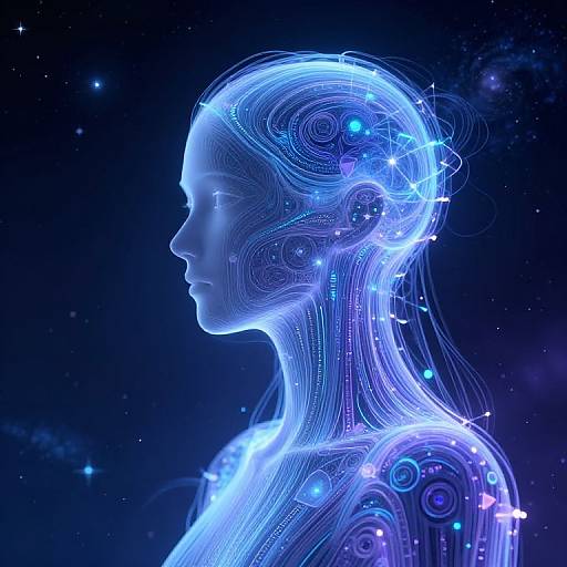 Digital artwork of a glowing, translucent female robot profile with intricate blue and white circuitry patterns, set against a starry, cosmic background.