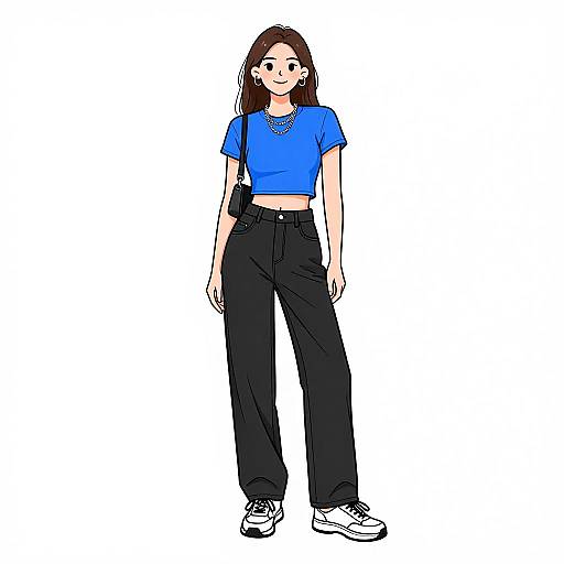 Digital drawing of a young woman with long brown hair, wearing a blue crop top, black high-waisted pants, and white sneakers, standing against