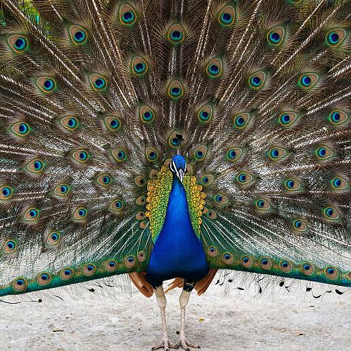 Photograph of a vibrant male peacock with an expansive, fan-shaped tail displaying iridescent blue, green, and gold eyespots, standing