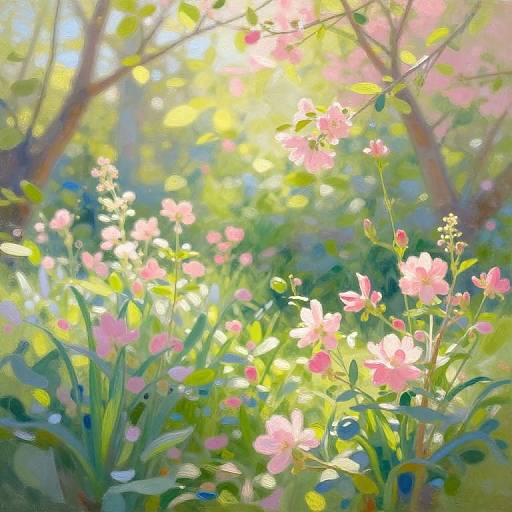Digital painting of a sunlit forest meadow, with pink flowers, green leaves, and dappled light filtering through tree branches.