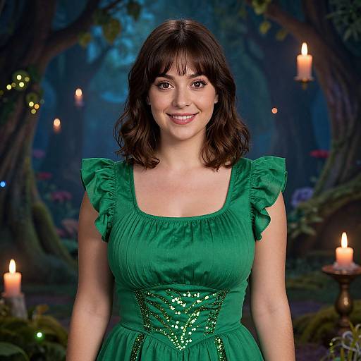 Photograph of a smiling brunette woman with medium-length hair, wearing a green, ruffled dress with sequins, standing in a mystical forest lit by