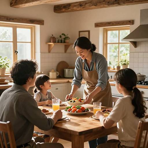 Photograph of a warm, sunlight-filled kitchen with a mother in a blue shirt and brown apron serving salad to a father and two children at a