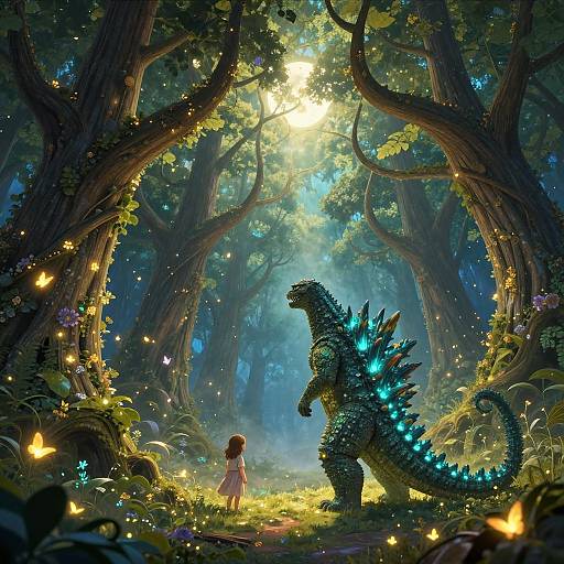 Fantasy forest scene with glowing butterflies, a young girl in a white dress, and a bioluminescent, dragon-like creature under sunlight filtering through