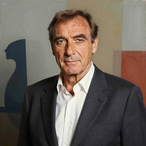 Photograph of an older man with short, dark hair, wearing a black suit and white shirt, standing against a modern abstract background with geometric shapes.