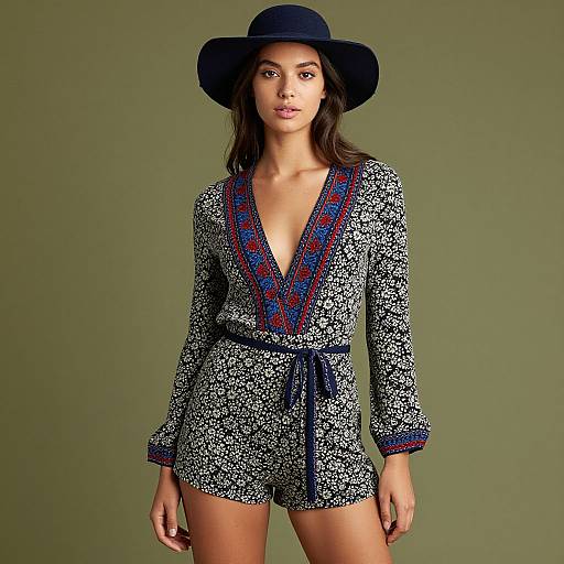 Photograph of a young woman with medium brown skin, wearing a black wide-brimmed hat, black and white floral romper with blue and red