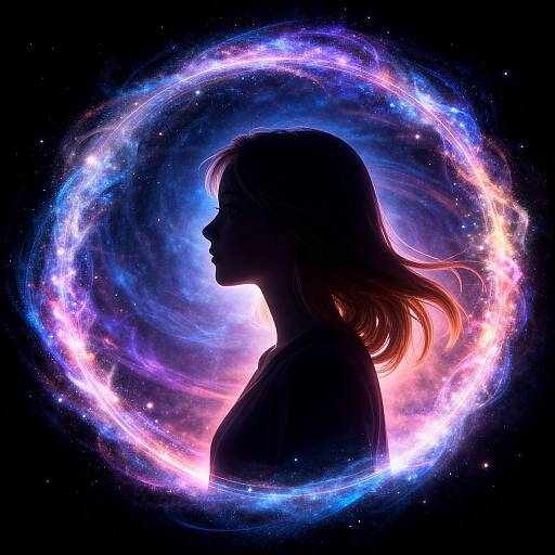 Silhouetted profile of a woman with flowing hair, surrounded by a vibrant, glowing cosmic ring of purple, blue, and pink. Digital art