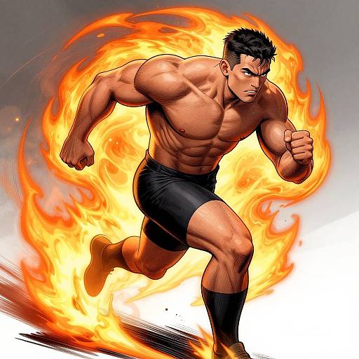 Muscular, tan-skinned man with black hair, wearing black shorts and socks, running through swirling flames, anime-style digital artwork.