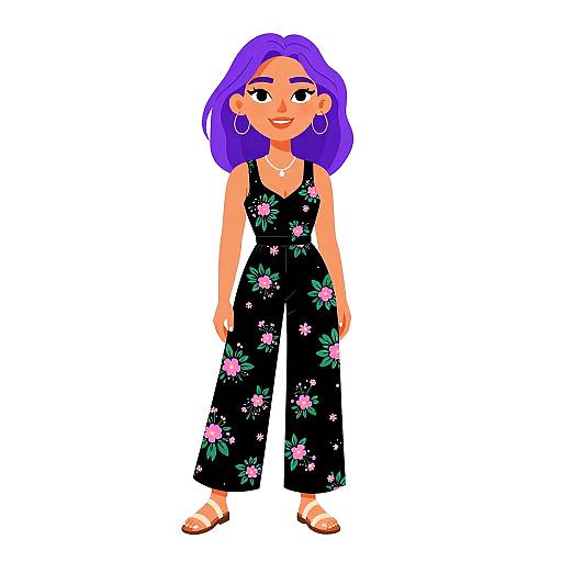 Cartoon-style digital illustration of a smiling woman with purple hair, wearing a black floral romper, hoop earrings, and sandals, standing against a plain