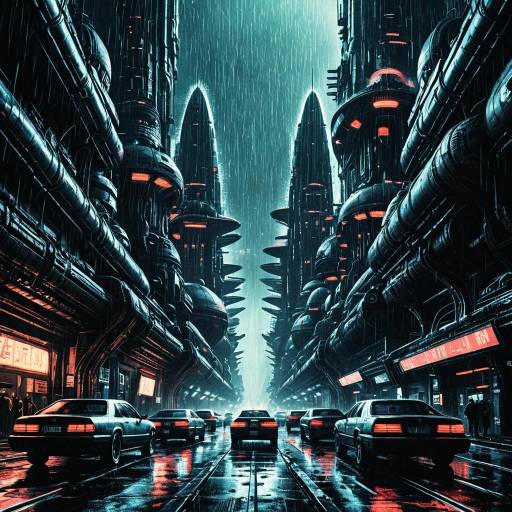 Cyberpunk Cityscape with Starships and Neon Rain