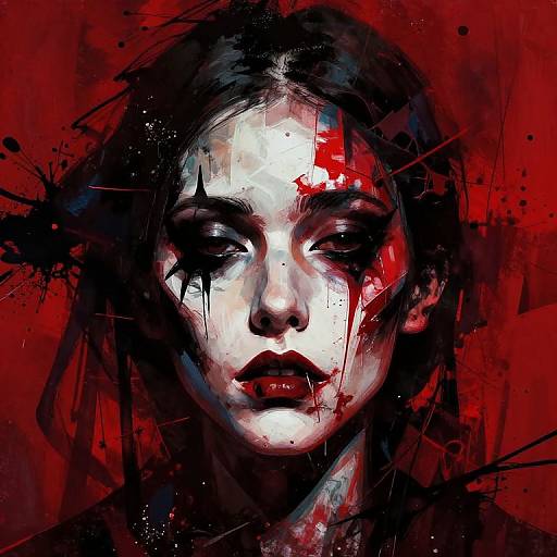 Digital art of a pale, blood-streaked woman with dark, hollow eyes against a red, splattered background. Expression is haunting, with black