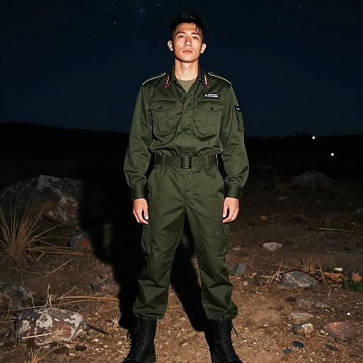 Photograph of a young Asian man with short black hair, wearing a dark green military-style uniform, standing confidently at night in a rocky, desert-like