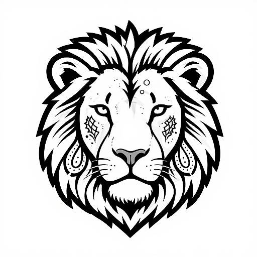 Black and white tribal-style lion head tattoo drawing, featuring intricate patterns and bold lines, centered on a white background.