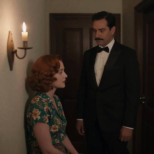 Elegant Encounter in Dimly Lit Hallway