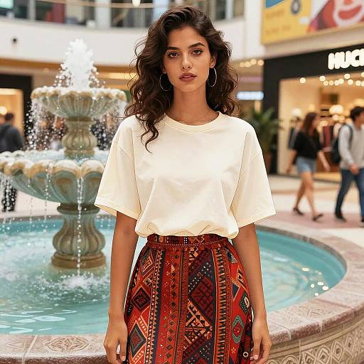 Photograph of a young woman with wavy dark hair, wearing a white top and patterned red skirt, standing in front of a fountain in a