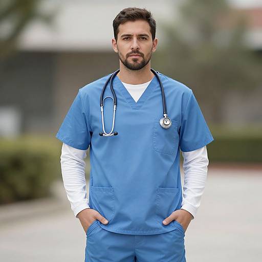 Photograph of a bearded, dark-haired male doctor in blue scrubs with a white shirt underneath, stethoscope around his neck, hands in