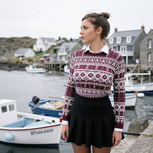 Woman in Knit Sweater at Fishing Village
