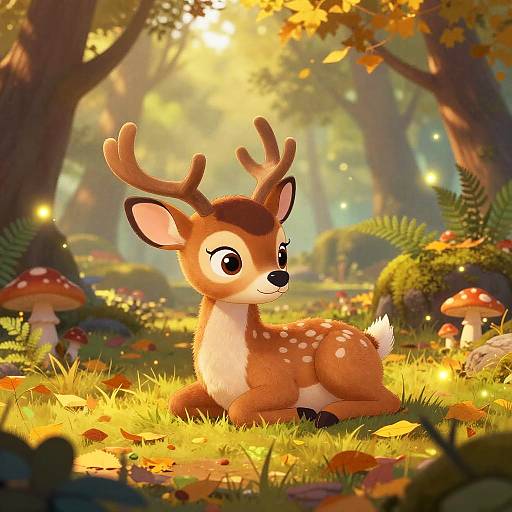 Adorable digital illustration of a cute, young deer with large eyes, lying in a sunlit, autumn forest, surrounded by mushrooms and foliage.