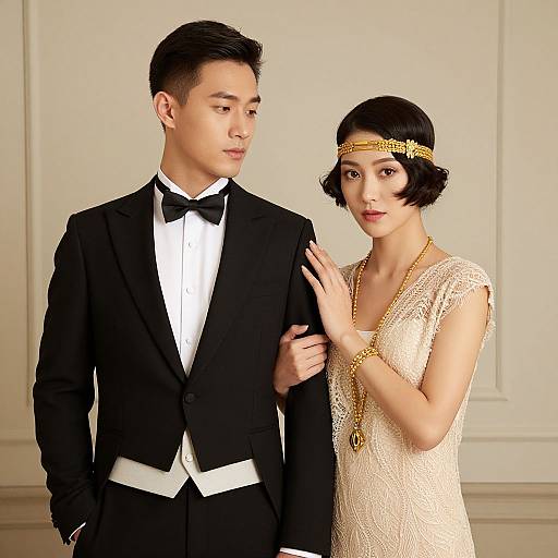 Photograph of an Asian man in a black tuxedo and a woman in a cream lace dress with a gold headband, standing close in an