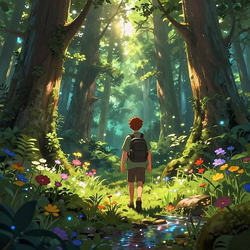 Anime-style digital illustration of a red-haired boy with a backpack, standing in a sunlit, enchanted forest, surrounded by colorful flowers and a small stream