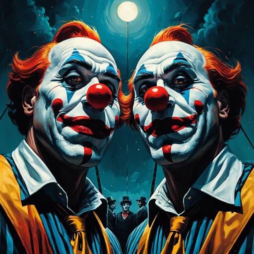 Dual Clowns with Large Noses Under Night Sky