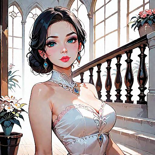 Elegant Woman in Strapless Dress on Staircase