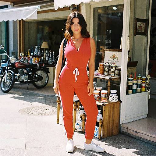 Chic Woman in Red Jumpsuit at Boutique