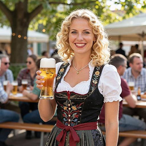 Photograph of a smiling blonde woman with curly hair, wearing a traditional German dirndl dress, holding a frothy beer, standing outdoors at a bustling