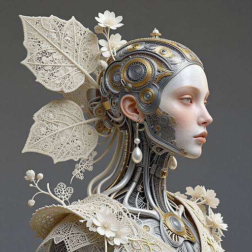 Digital art of a futuristic, white-faced female robot with intricate mechanical headgear, lace leaves, and flowers, profile view, gray background.