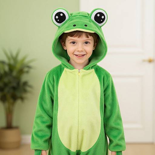 Photograph of a smiling young boy in a green frog-themed onesie with large black-and-white eyes, standing indoors with a potted plant in the