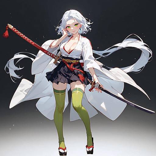 Digital anime-style drawing of a white-haired, green-eyed female samurai in a white kimono, black skirt, green thigh-high socks, and black
