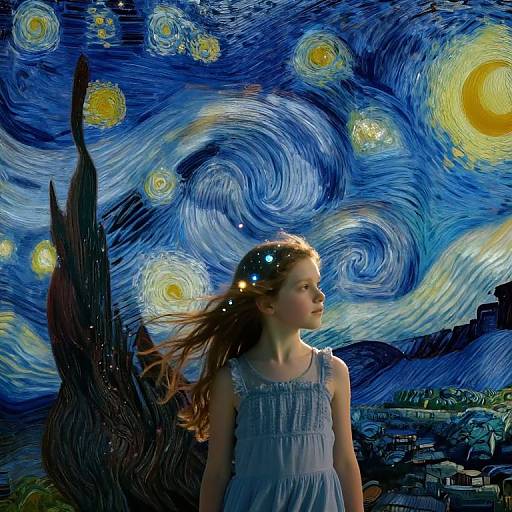 Photograph of a young girl in a sleeveless blue dress, standing before a swirling, starry 