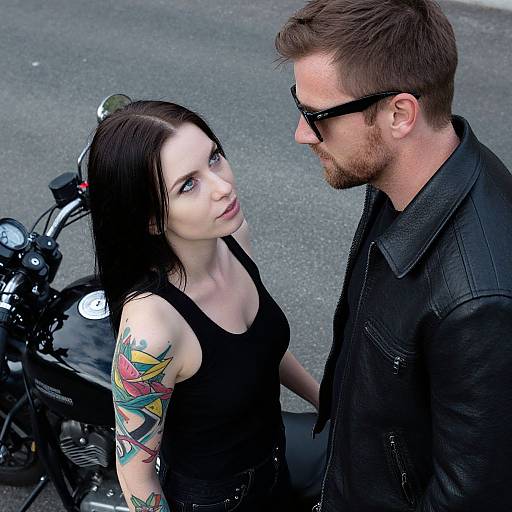 Stylish Couple by Black Motorcycle