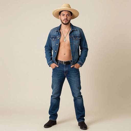 Photograph of a bearded man with tan skin, wearing a straw hat, unbuttoned denim jacket, no shirt, blue jeans, black belt