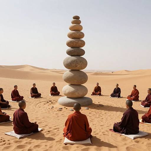 Photograph of Buddhist monks in maroon robes meditating in a sandy desert, surrounding a tall, balanced stone tower under a clear sky.