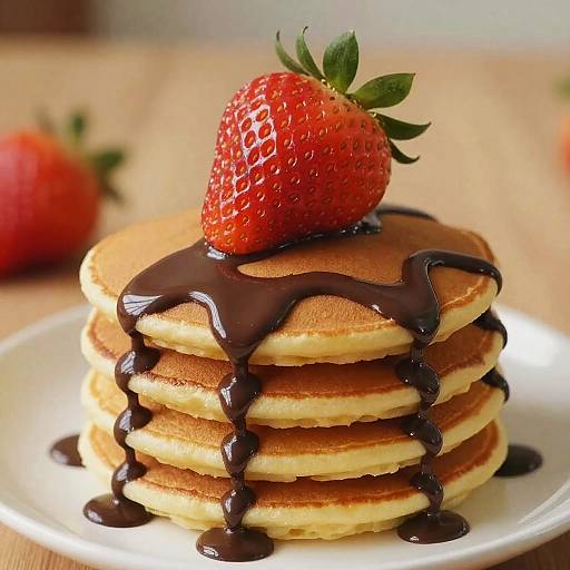 Photograph of a stack of golden pancakes topped with a fresh strawberry and drizzled with rich chocolate syrup on a white plate.