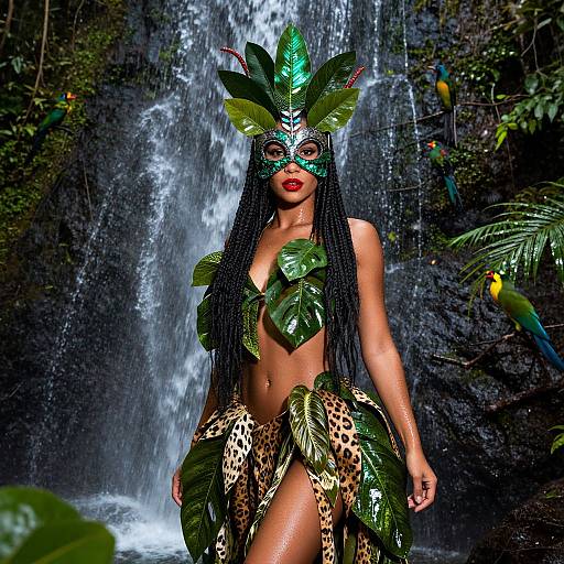 Photorealistic digital art: Topless woman with braided hair, green leaf headdress, and mask, wearing leaf and leopard-print skirt, stands