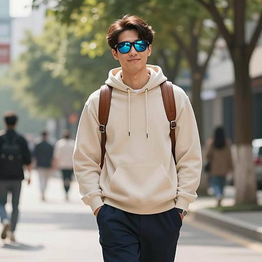 Young Man in Beige Hoodie and Sunglasses on City Street