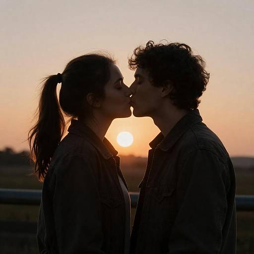 Silhouetted Couple Kissing at Sunset