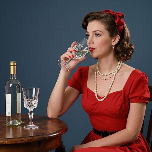 Vintage-style photograph of a woman in a red dress and pearl necklace, sipping wine from a glass, with a bottle and glass on a wooden table