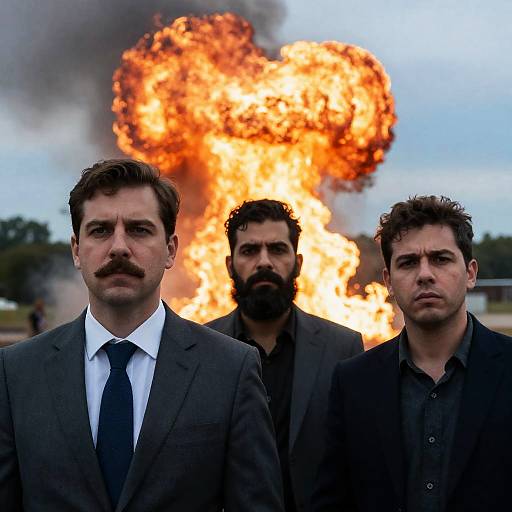 Three men in suits with fire explosion background
