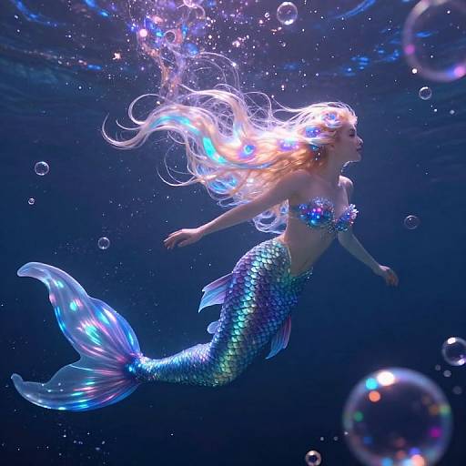 Photorealistic CGI of a glowing mermaid with long blonde hair, iridescent scales, and a shimmering tail, swimming underwater surrounded by bubbles