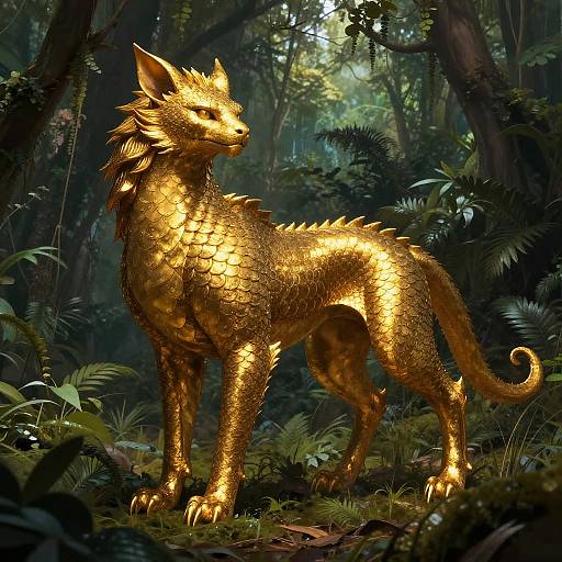 Digital artwork of a golden, dragon-like creature with scales and spines, standing in a lush, dark forest with dappled sunlight.