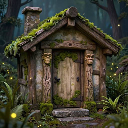 Whimsical, moss-covered wooden fairy house with carved face masks, set in a magical forest with glowing fireflies and ferns. Digital art.