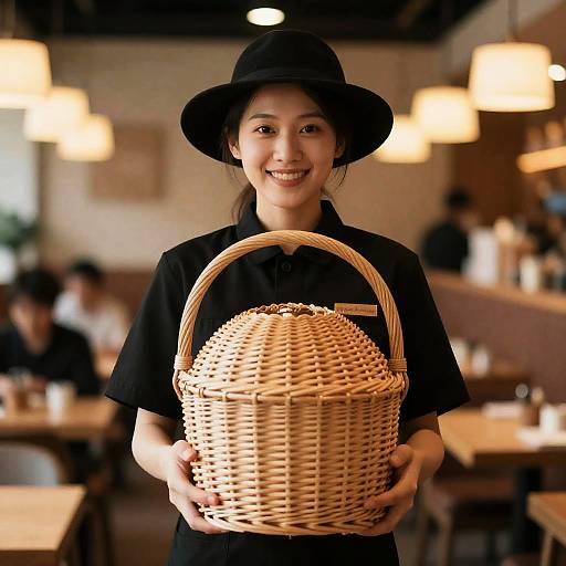 Cheerful Woman in Hat with Basket