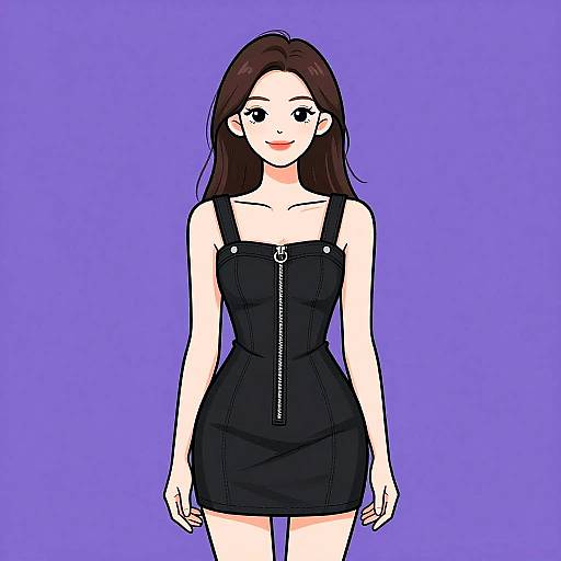 Digital anime-style drawing of a fair-skinned woman with long brown hair, wearing a black sleeveless dress with a zipper, against a solid purple background