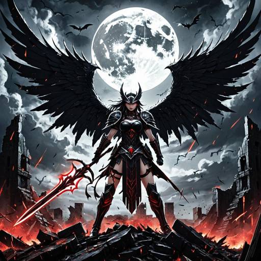 Dark Valkyrie with Black Wings Under Moonlight