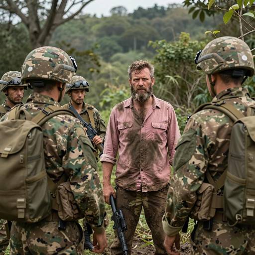 Man Confronting Soldiers in Forest