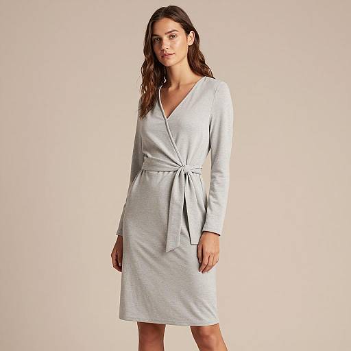 Woman in Light Grey Tie-Belt Dress