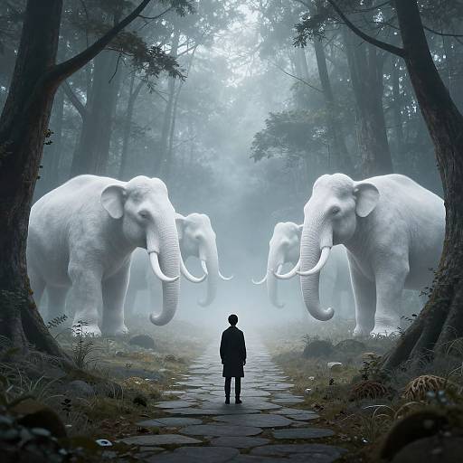Photograph-like digital art: Silhouetted figure stands on misty forest path, facing three glowing white elephants with massive tusks, surrounded by